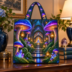 Celestial Mushroom Grand Salon Quilted Tote Bag with printed optical 3D artwork in its use setting