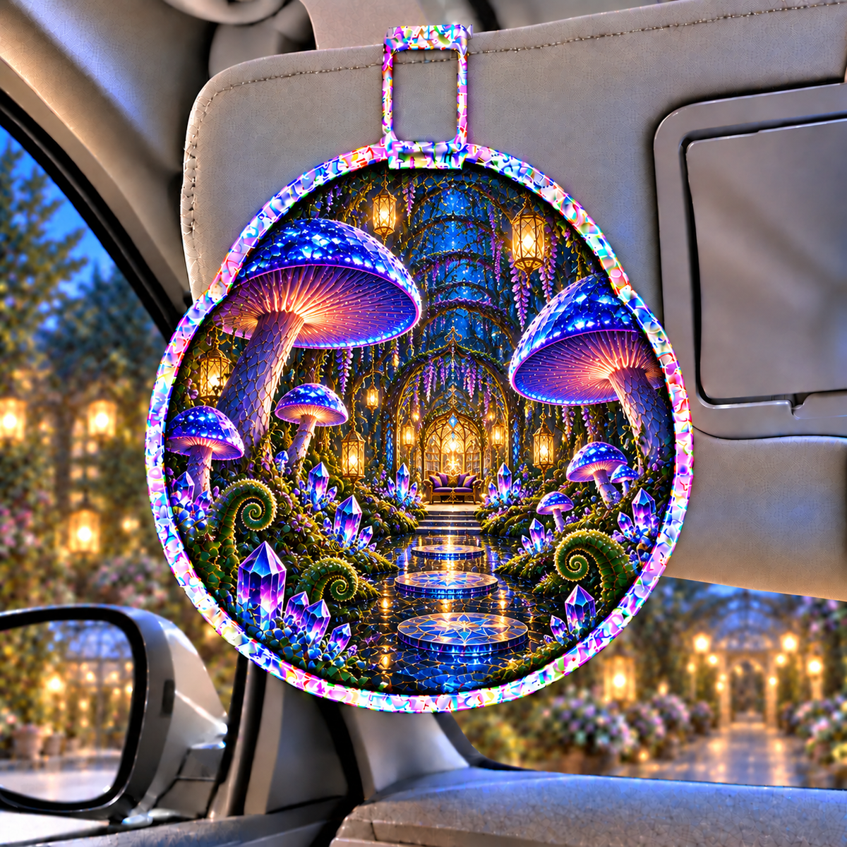 Celestial Mushroom Grand Salon Holographic Car Visor Clip with printed optical 3D artwork in its use setting