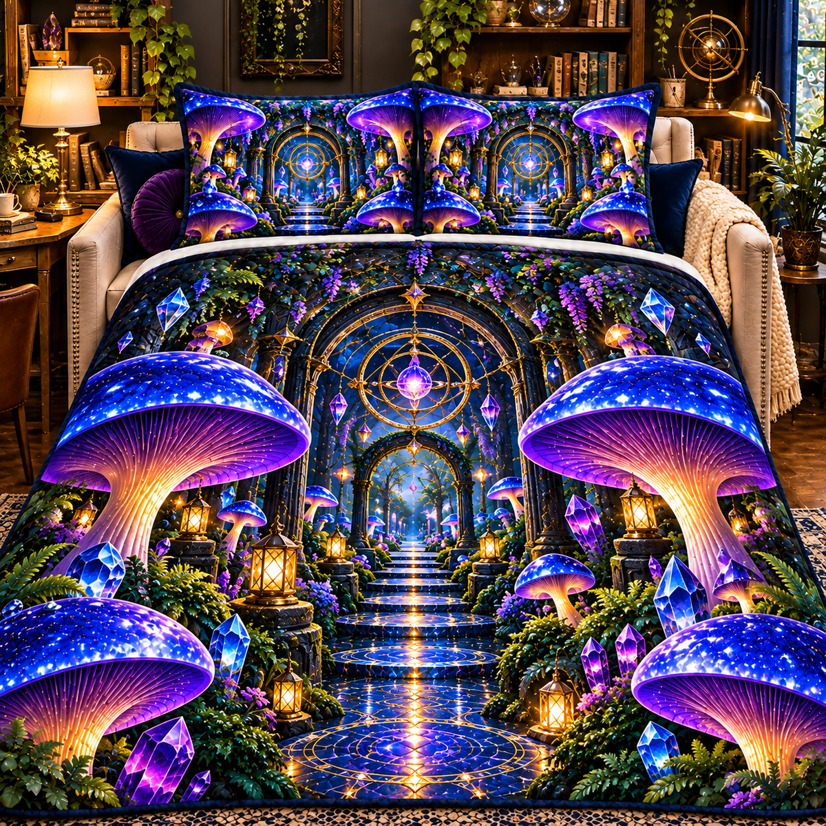 Celestial Mushroom Observatory Quilted Bedding Set with printed optical 3D artwork in its use setting