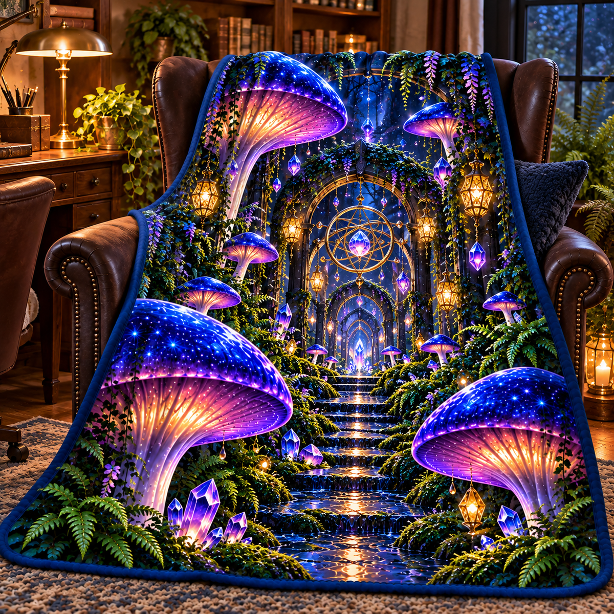 Celestial Mushroom Observatory Sherpa & Fleece Blanket with printed optical 3D artwork in its use setting