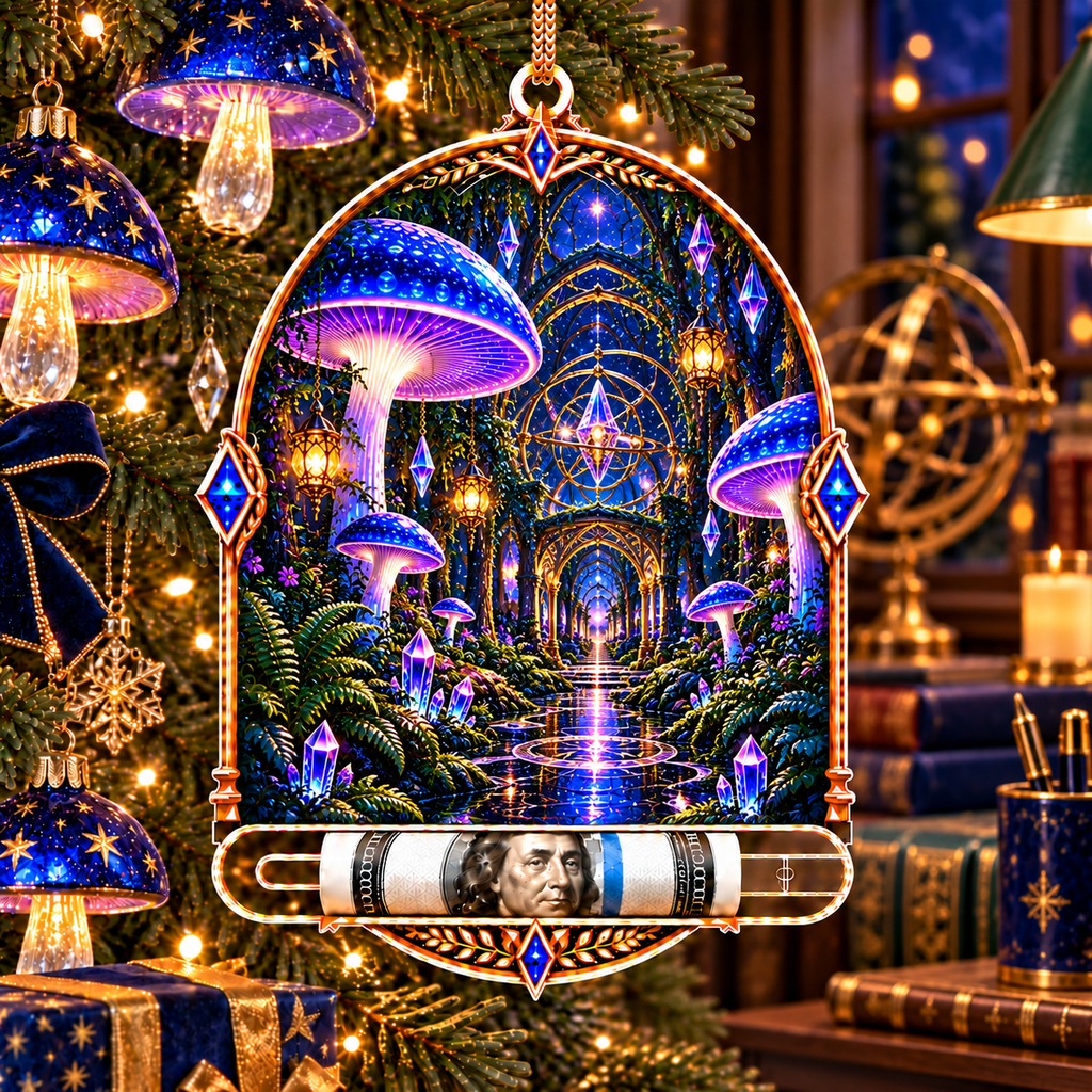 Celestial Mushroom Observatory Acrylic Cash Holder Ornament with printed optical 3D artwork in its use setting
