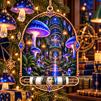 Celestial Mushroom Observatory Acrylic Cash Holder Ornament with printed optical 3D artwork in its use setting