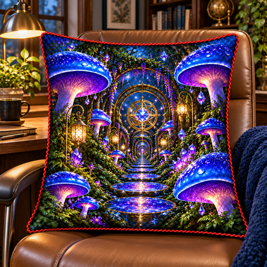 Celestial Mushroom Observatory Quilted Cushion Cover with printed optical 3D artwork in its use setting