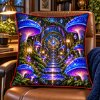 Celestial Mushroom Observatory Quilted Cushion Cover with printed optical 3D artwork in its use setting