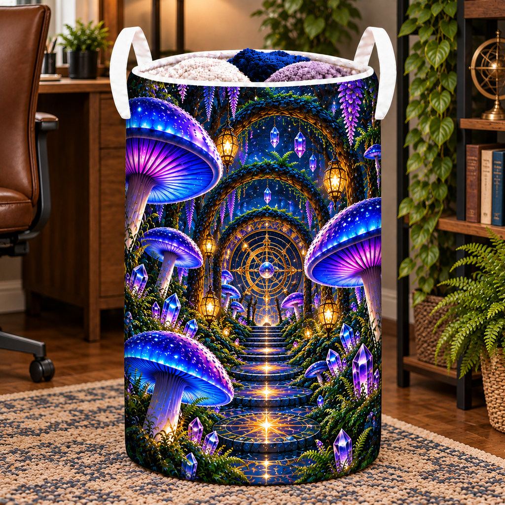 Celestial Mushroom Observatory Laundry Hamper with printed optical 3D artwork in its use setting