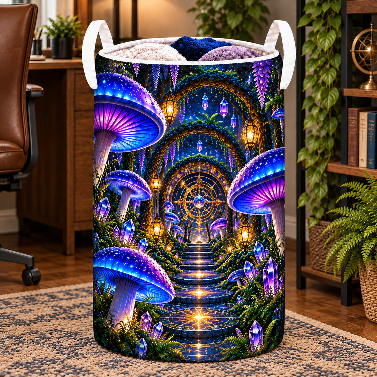 Celestial Mushroom Observatory Laundry Hamper with printed optical 3D artwork in its use setting