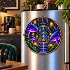 Celestial Mushroom Observatory Acrylic Refrigerator Magnet with printed optical 3D artwork in its use setting