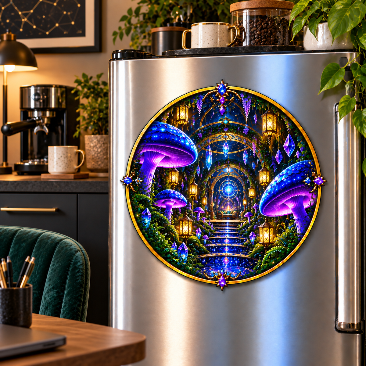 Celestial Mushroom Observatory Acrylic Refrigerator Magnet with printed optical 3D artwork in its use setting