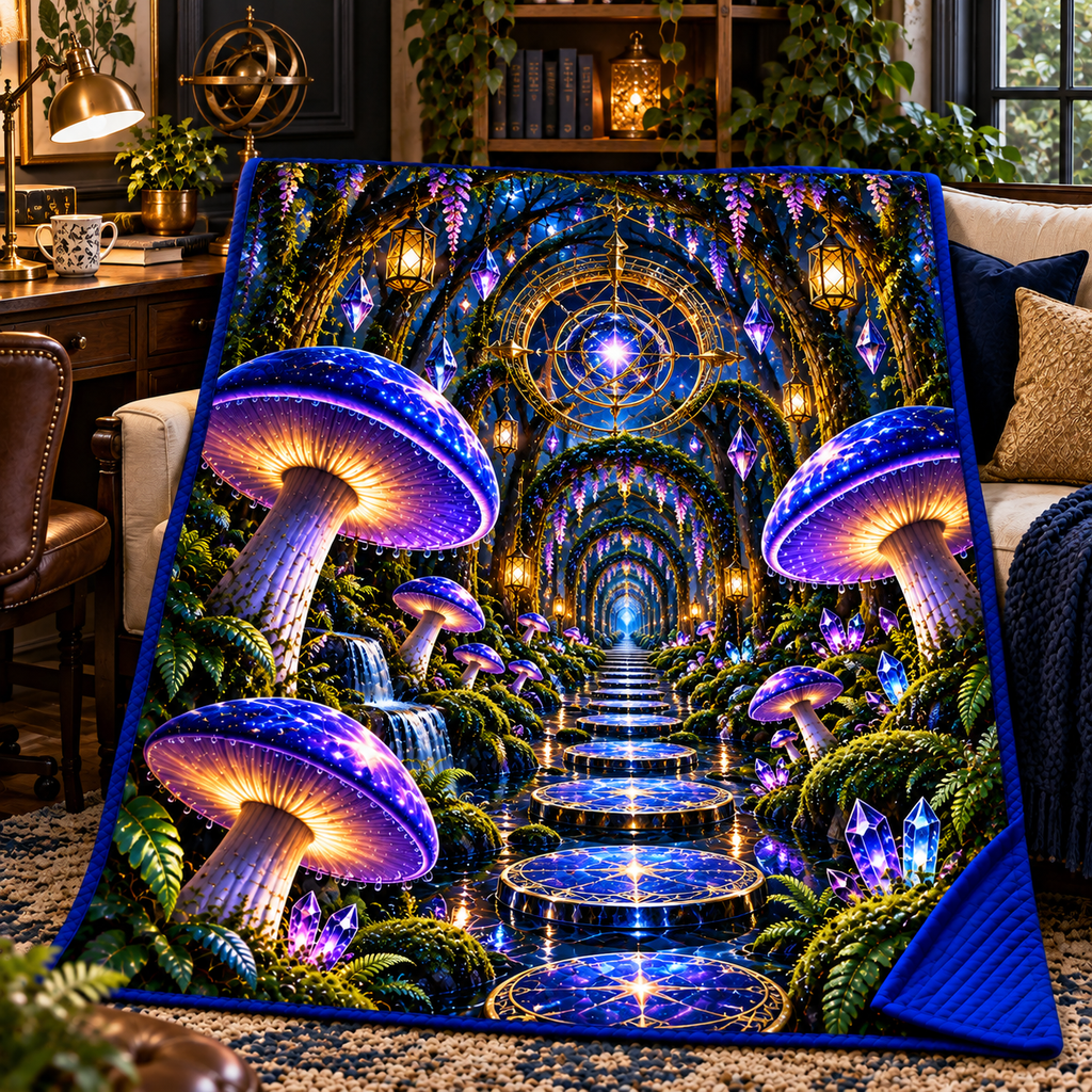 Celestial Mushroom Observatory Quilt Blanket with printed optical 3D artwork in its use setting