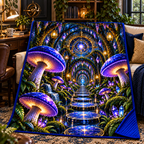 Celestial Mushroom Observatory Quilt Blanket with printed optical 3D artwork in its use setting