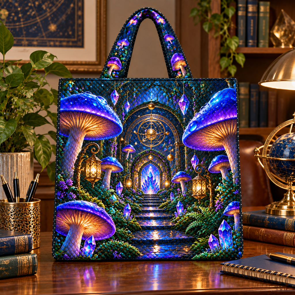 Celestial Mushroom Observatory Quilted Tote Bag with printed optical 3D artwork in its use setting