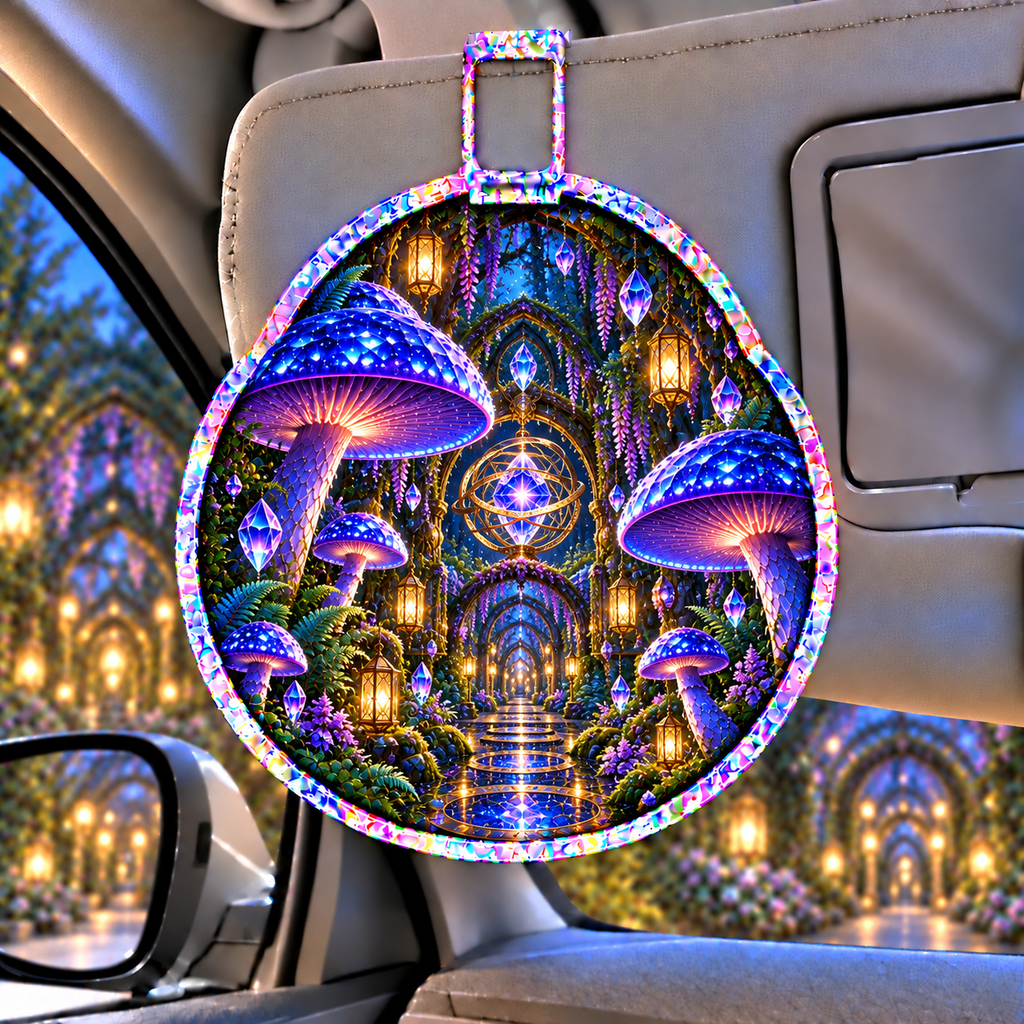 Celestial Mushroom Observatory Holographic Car Visor Clip with printed optical 3D artwork in its use setting