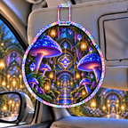 Celestial Mushroom Observatory Holographic Car Visor Clip with printed optical 3D artwork in its use setting