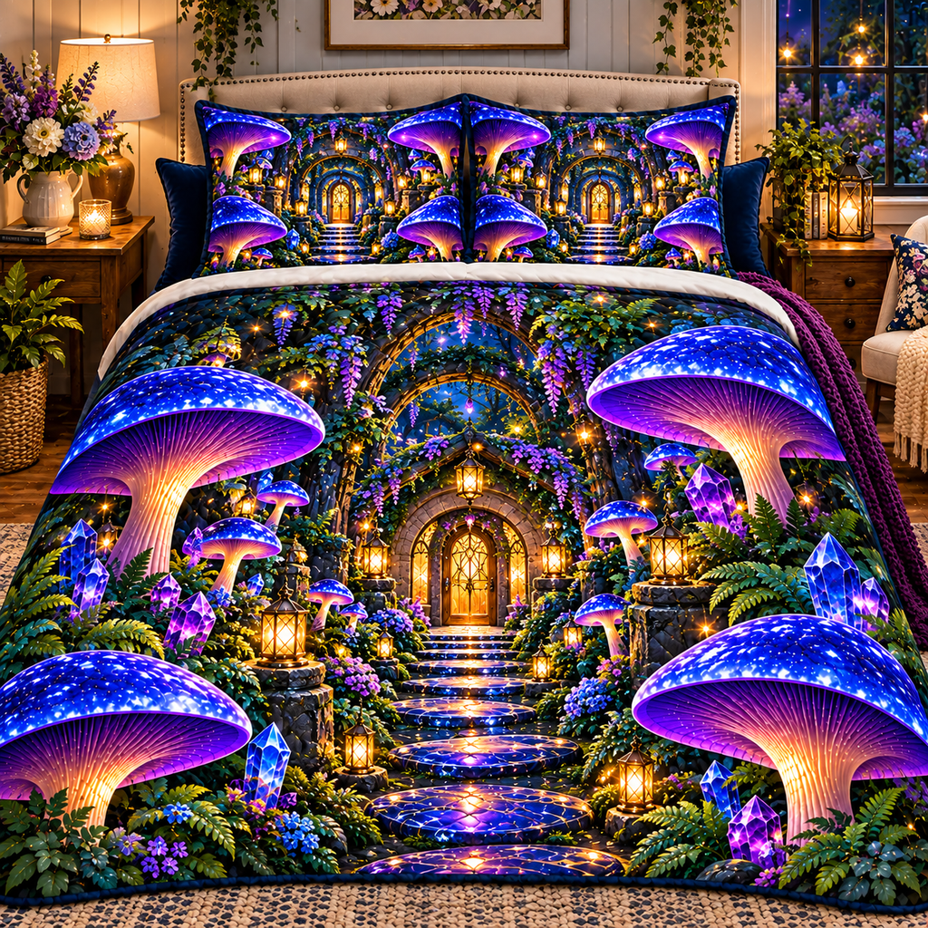 Mushroom Welcome Grove Quilted Bedding Set with printed optical 3D artwork in its use setting