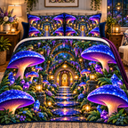 Mushroom Welcome Grove Quilted Bedding Set with printed optical 3D artwork in its use setting