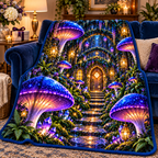 Mushroom Welcome Grove Sherpa & Fleece Blanket with printed optical 3D artwork in its use setting