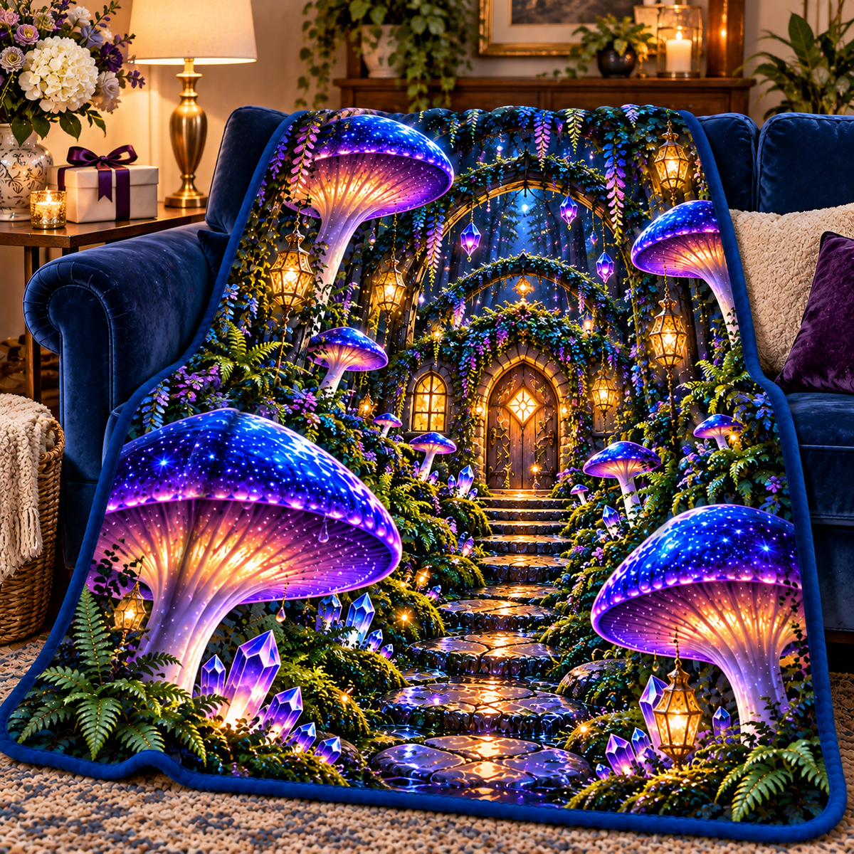 Mushroom Welcome Grove Sherpa & Fleece Blanket with printed optical 3D artwork in its use setting