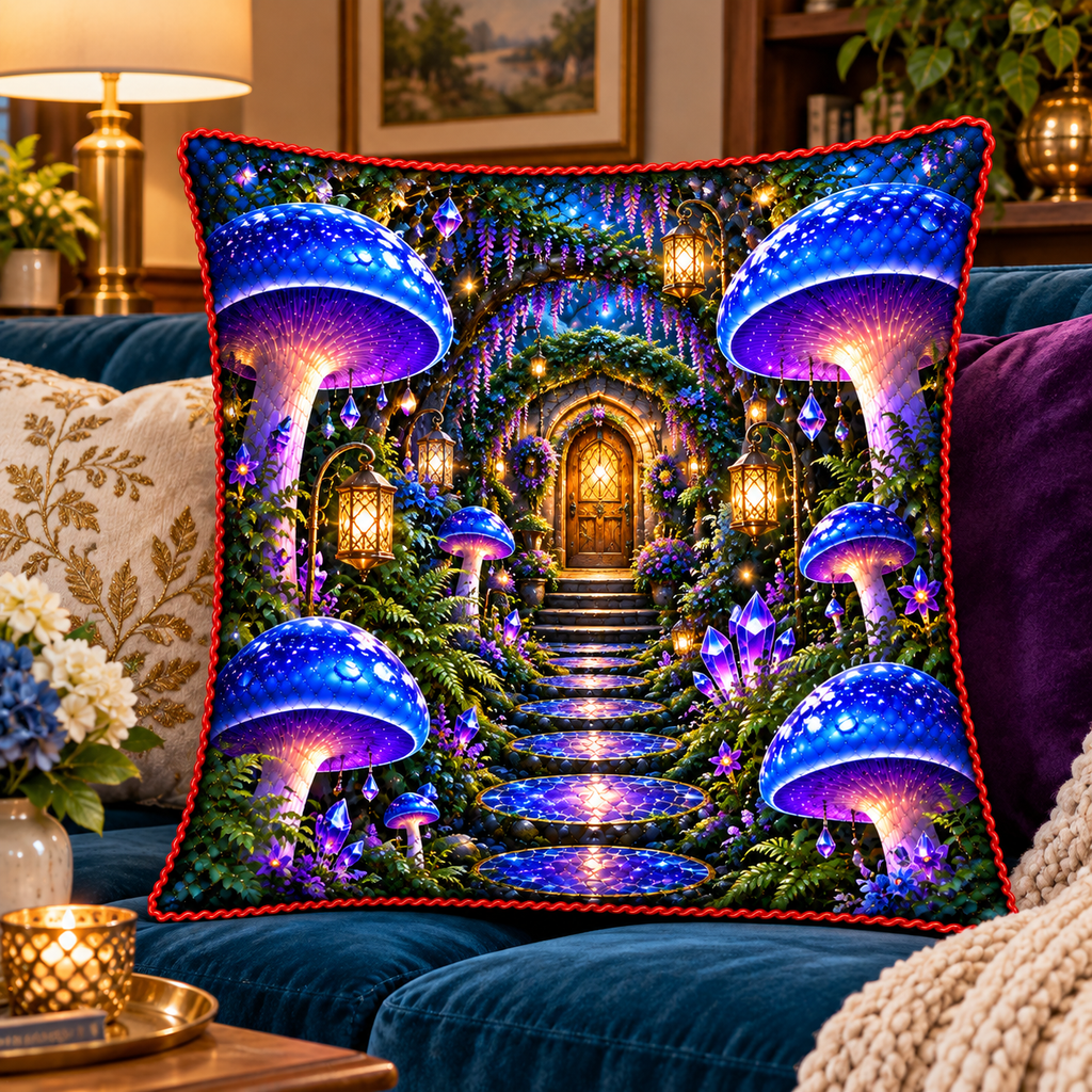 Mushroom Welcome Grove Quilted Cushion Cover with printed optical 3D artwork in its use setting