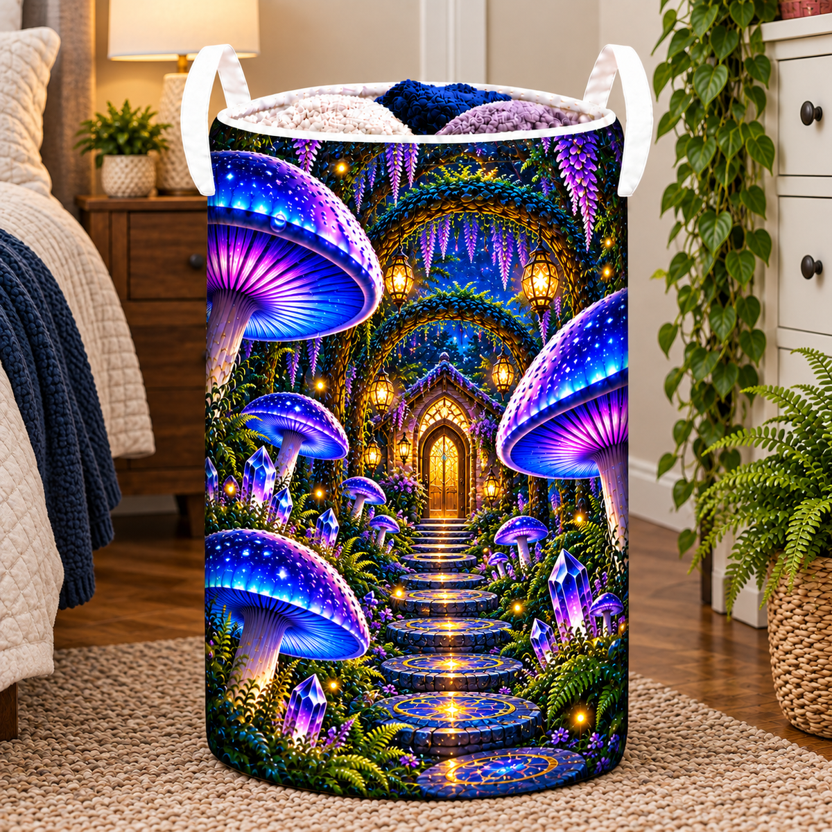 Mushroom Welcome Grove Laundry Hamper with printed optical 3D artwork in its use setting