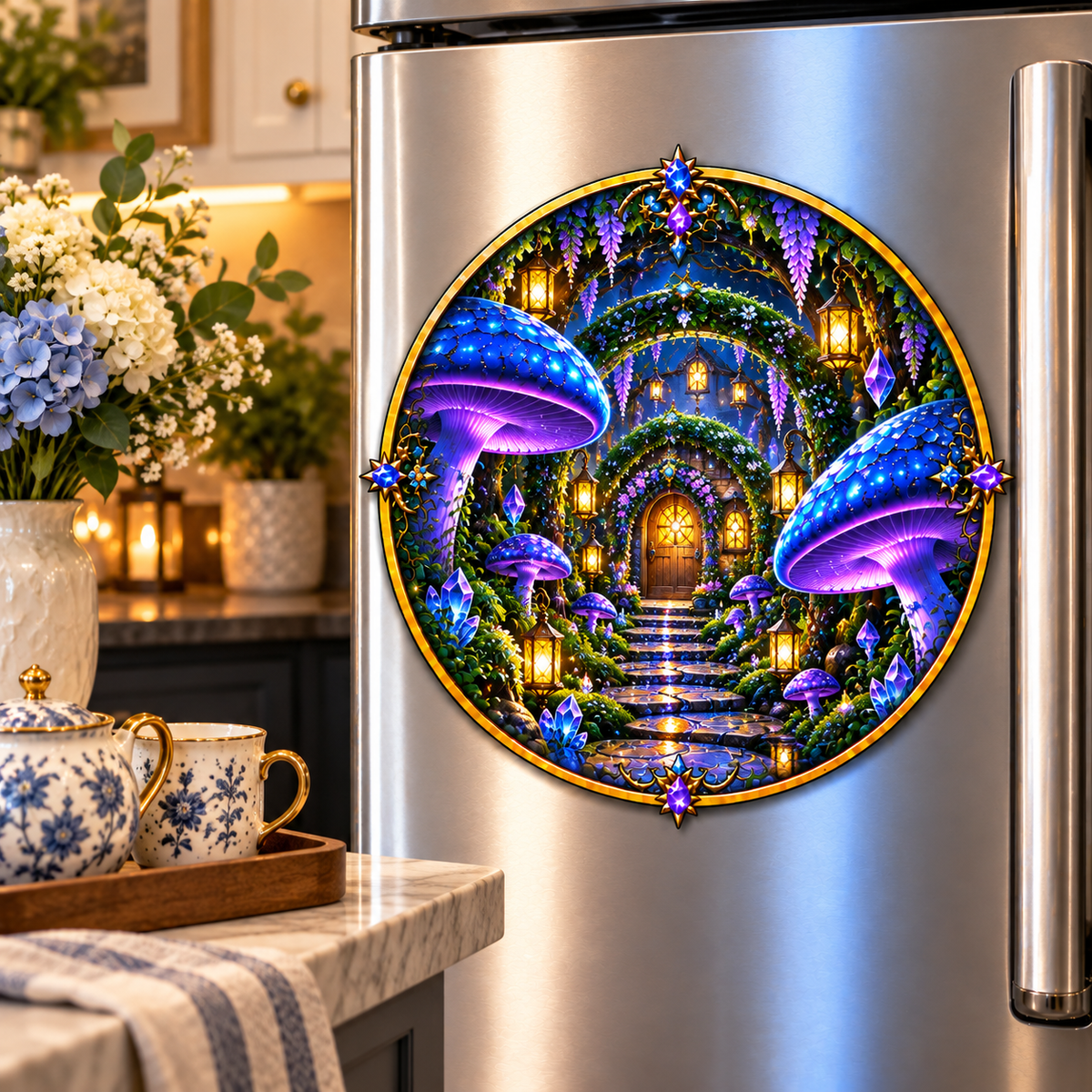 Mushroom Welcome Grove Acrylic Refrigerator Magnet with printed optical 3D artwork in its use setting