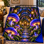 Mushroom Welcome Grove Quilt Blanket with printed optical 3D artwork in its use setting