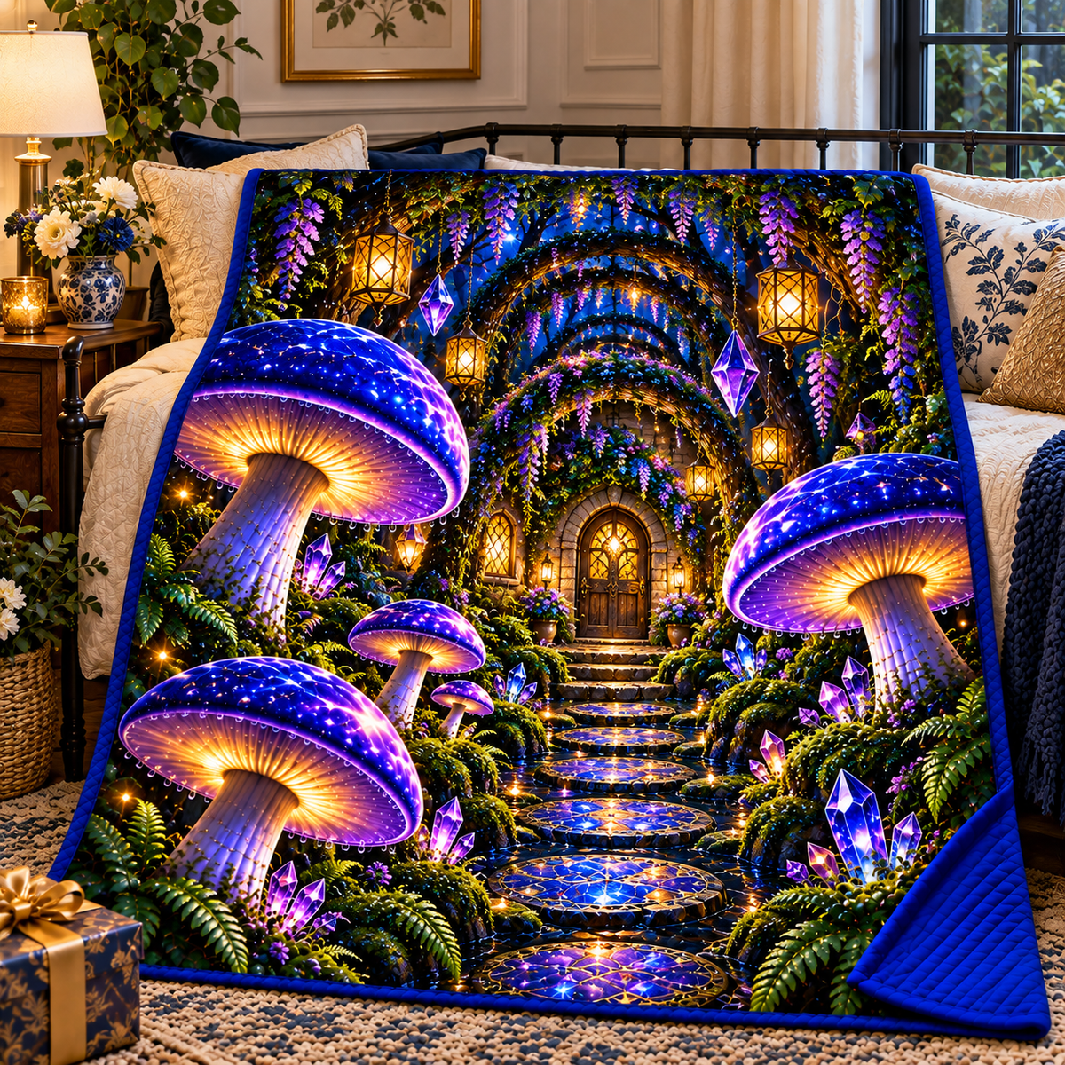 Mushroom Welcome Grove Quilt Blanket with printed optical 3D artwork in its use setting