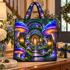 Mushroom Welcome Grove Quilted Tote Bag with printed optical 3D artwork in its use setting