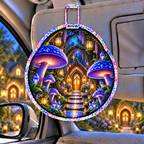 Mushroom Welcome Grove Holographic Car Visor Clip with printed optical 3D artwork in its use setting