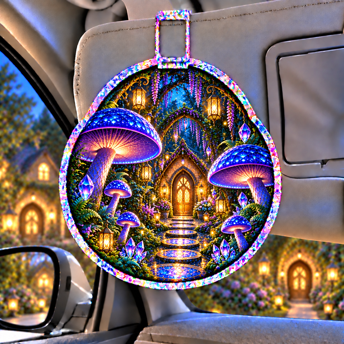 Mushroom Welcome Grove Holographic Car Visor Clip with printed optical 3D artwork in its use setting