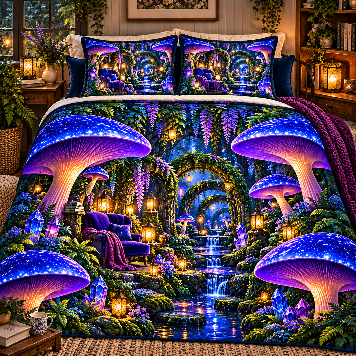 Mushroom Moonlit Nook Quilted Bedding Set with printed optical 3D artwork in its use setting