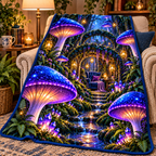 Mushroom Moonlit Nook Sherpa & Fleece Blanket with printed optical 3D artwork in its use setting