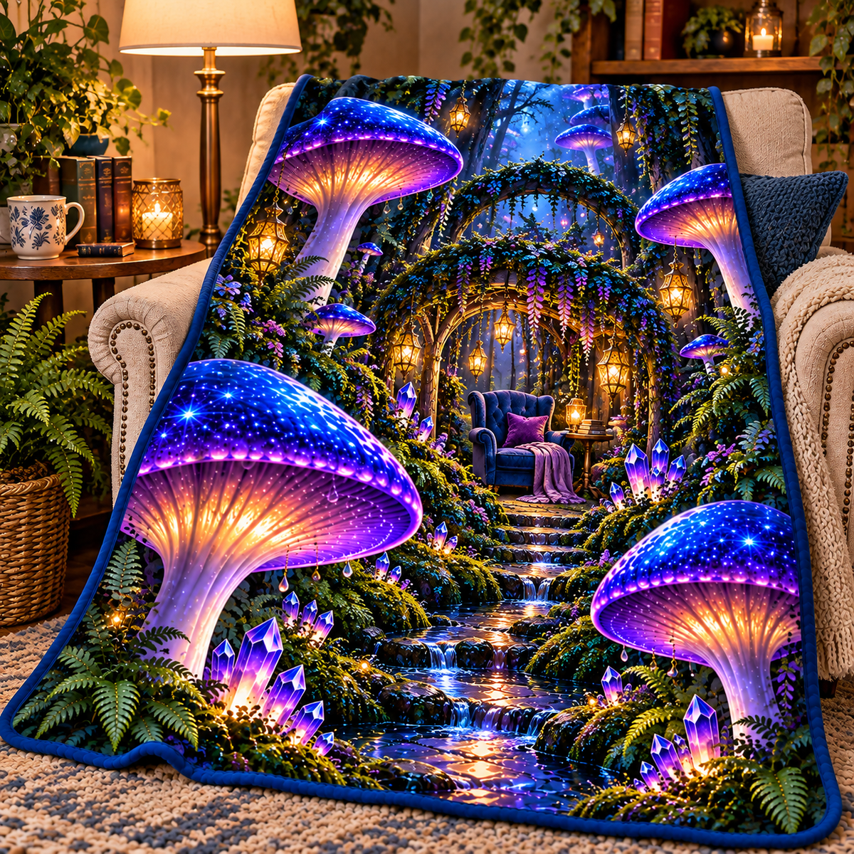 Mushroom Moonlit Nook Sherpa & Fleece Blanket with printed optical 3D artwork in its use setting