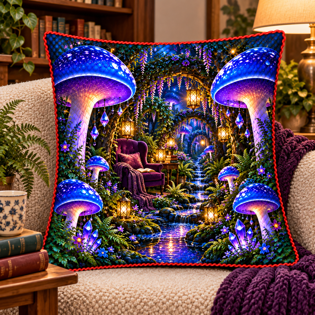 Mushroom Moonlit Nook Quilted Cushion Cover with printed optical 3D artwork in its use setting