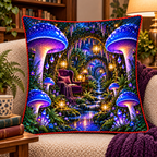 Mushroom Moonlit Nook Quilted Cushion Cover with printed optical 3D artwork in its use setting