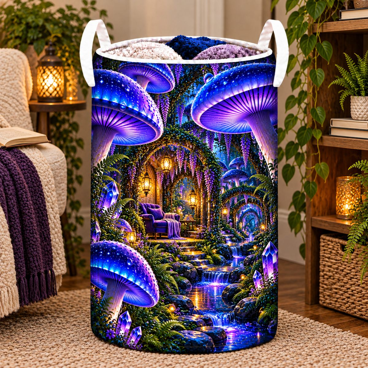 Mushroom Moonlit Nook Laundry Hamper with printed optical 3D artwork in its use setting