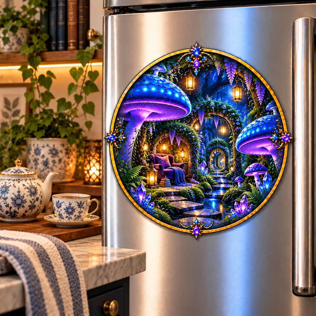 Mushroom Moonlit Nook Acrylic Refrigerator Magnet with printed optical 3D artwork in its use setting