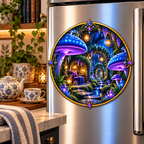 Mushroom Moonlit Nook Acrylic Refrigerator Magnet with printed optical 3D artwork in its use setting