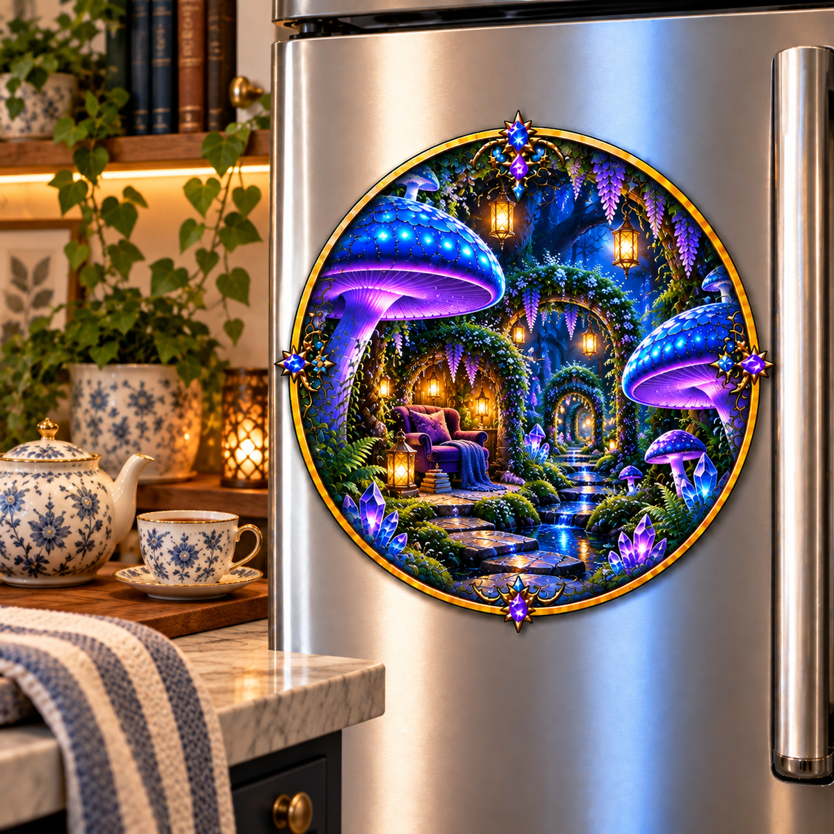 Mushroom Moonlit Nook Acrylic Refrigerator Magnet with printed optical 3D artwork in its use setting