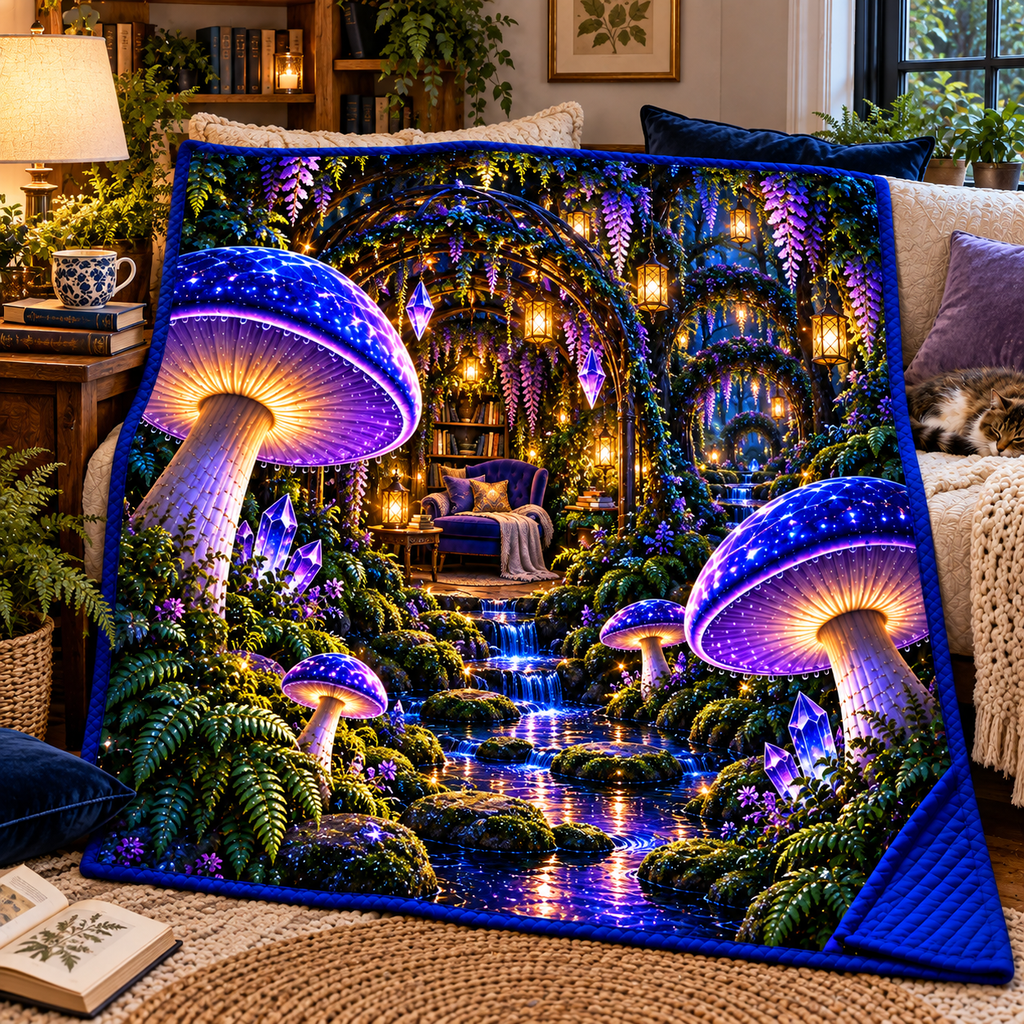 Mushroom Moonlit Nook Quilt Blanket with printed optical 3D artwork in its use setting