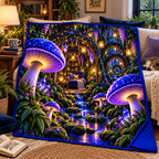 Mushroom Moonlit Nook Quilt Blanket with printed optical 3D artwork in its use setting