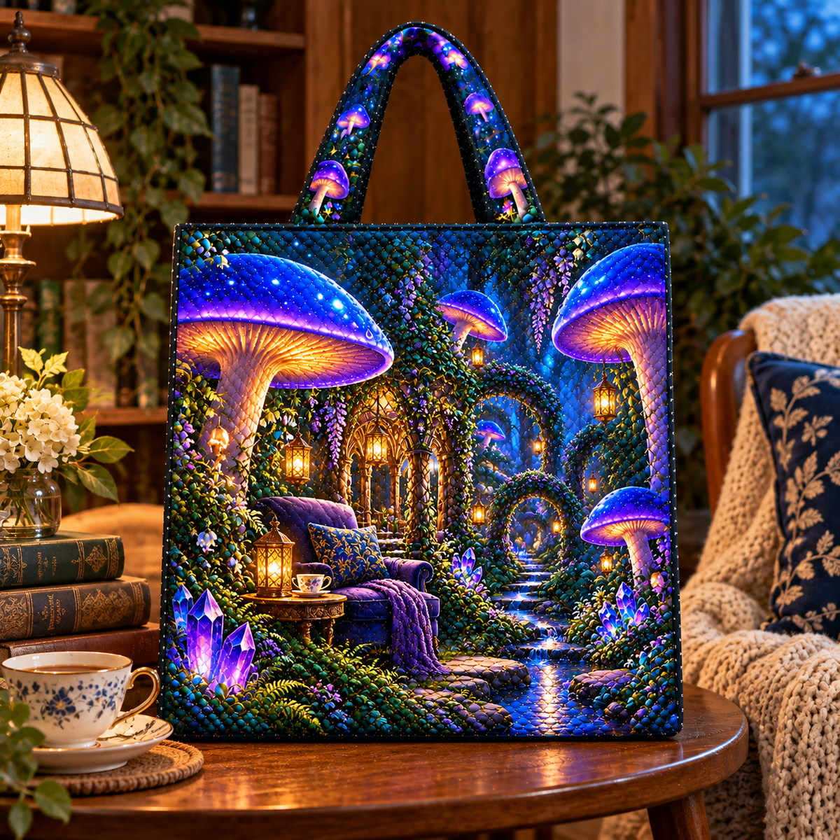 Mushroom Moonlit Nook Quilted Tote Bag with printed optical 3D artwork in its use setting