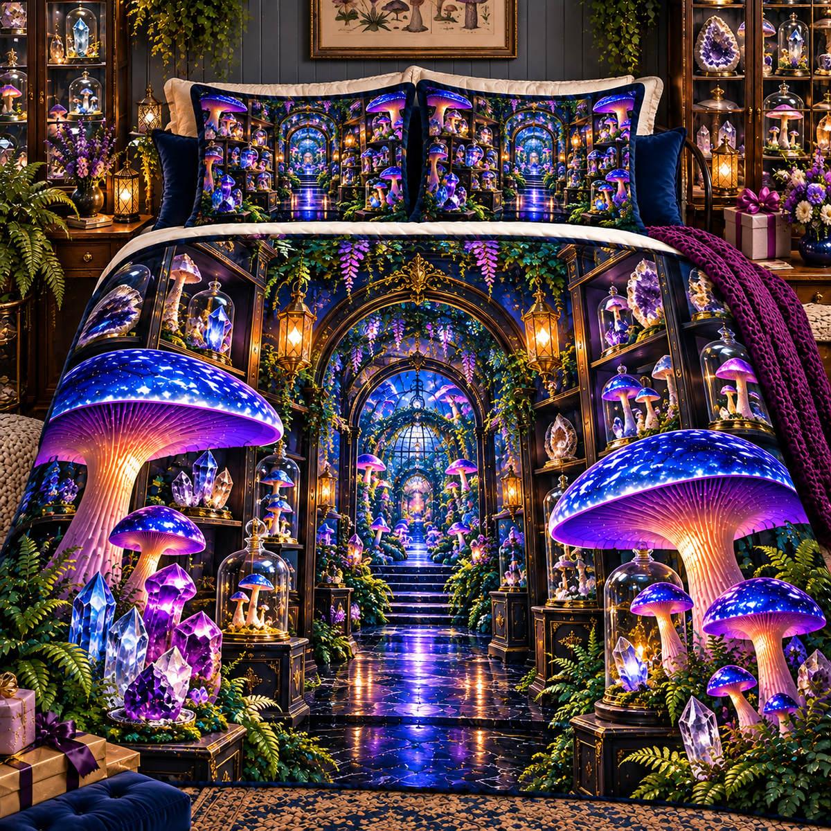 Mushroom Crystal Cabinet Quilted Bedding Set with printed optical 3D artwork in its use setting