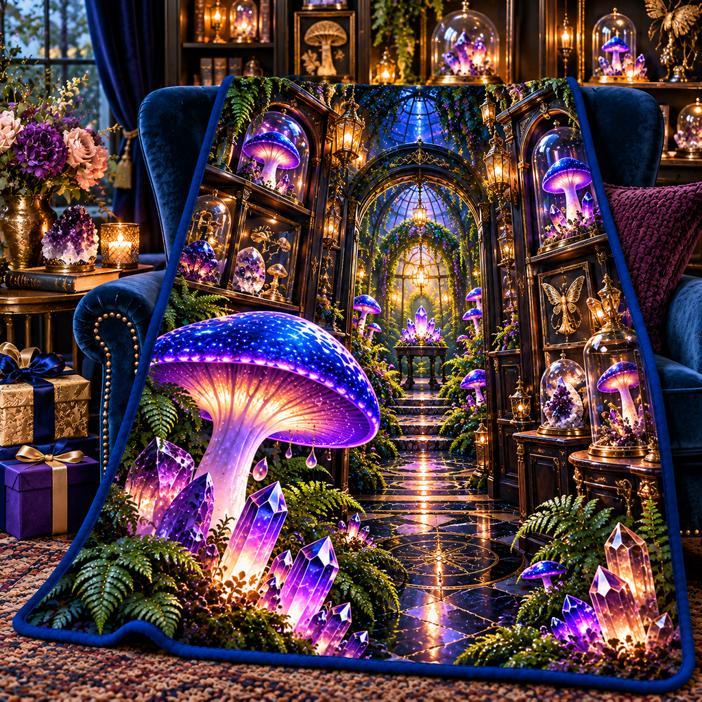 Mushroom Crystal Cabinet Sherpa & Fleece Blanket with printed optical 3D artwork in its use setting