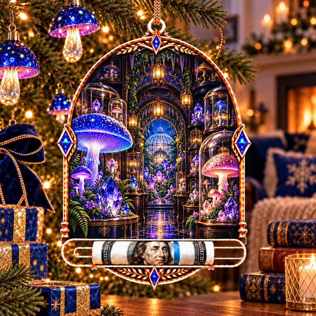 Mushroom Crystal Cabinet Acrylic Cash Holder Ornament with printed optical 3D artwork in its use setting