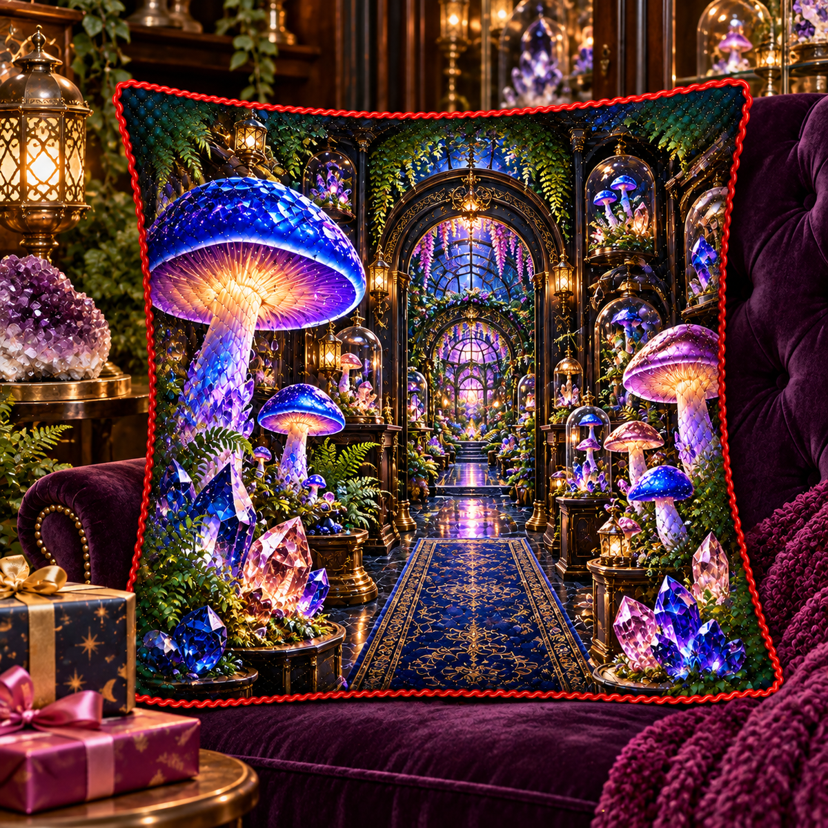 Mushroom Crystal Cabinet Quilted Cushion Cover with printed optical 3D artwork in its use setting