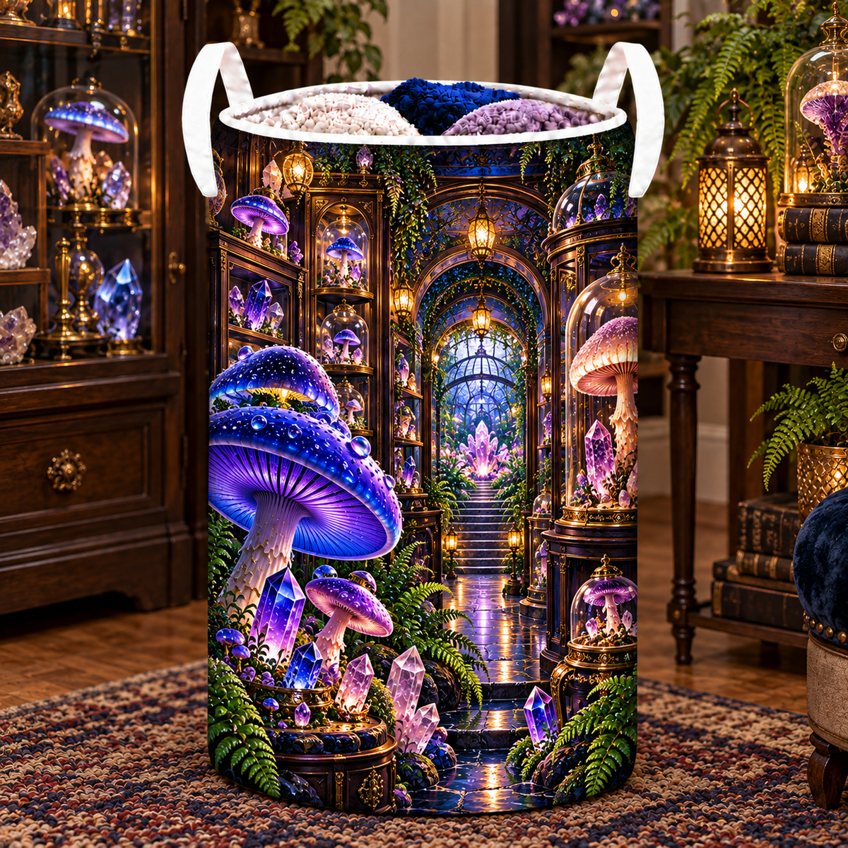 Mushroom Crystal Cabinet Laundry Hamper with printed optical 3D artwork in its use setting