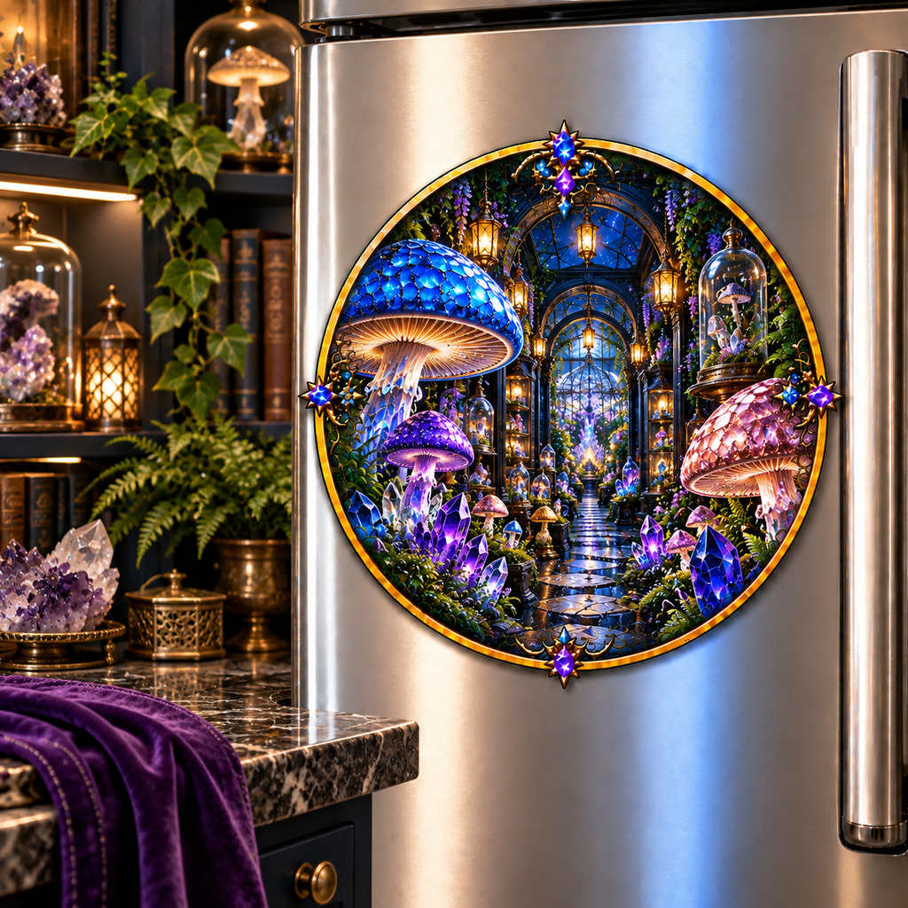 Mushroom Crystal Cabinet Acrylic Refrigerator Magnet with printed optical 3D artwork in its use setting