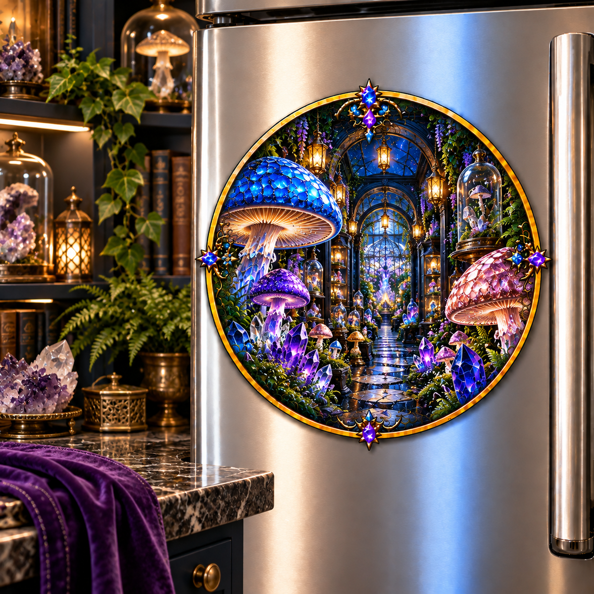 Mushroom Crystal Cabinet Acrylic Refrigerator Magnet with printed optical 3D artwork in its use setting
