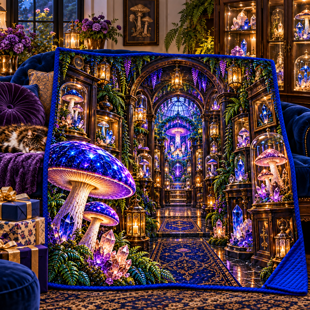 Mushroom Crystal Cabinet Quilt Blanket with printed optical 3D artwork in its use setting
