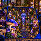 Mushroom Crystal Cabinet Quilt Blanket with printed optical 3D artwork in its use setting